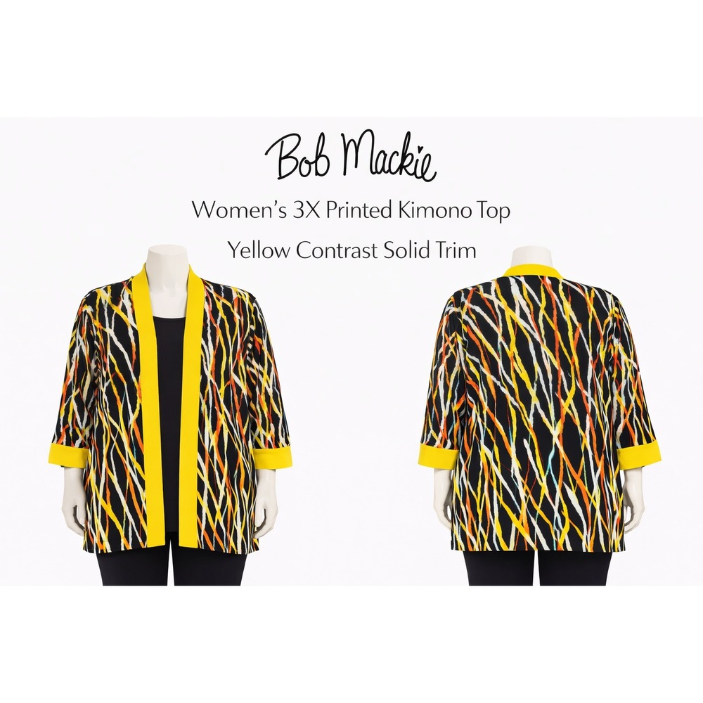 Bob Mackie Womens 3X Printed Kimono Top Yellow Contrast Trim Stretch A233348 NWT